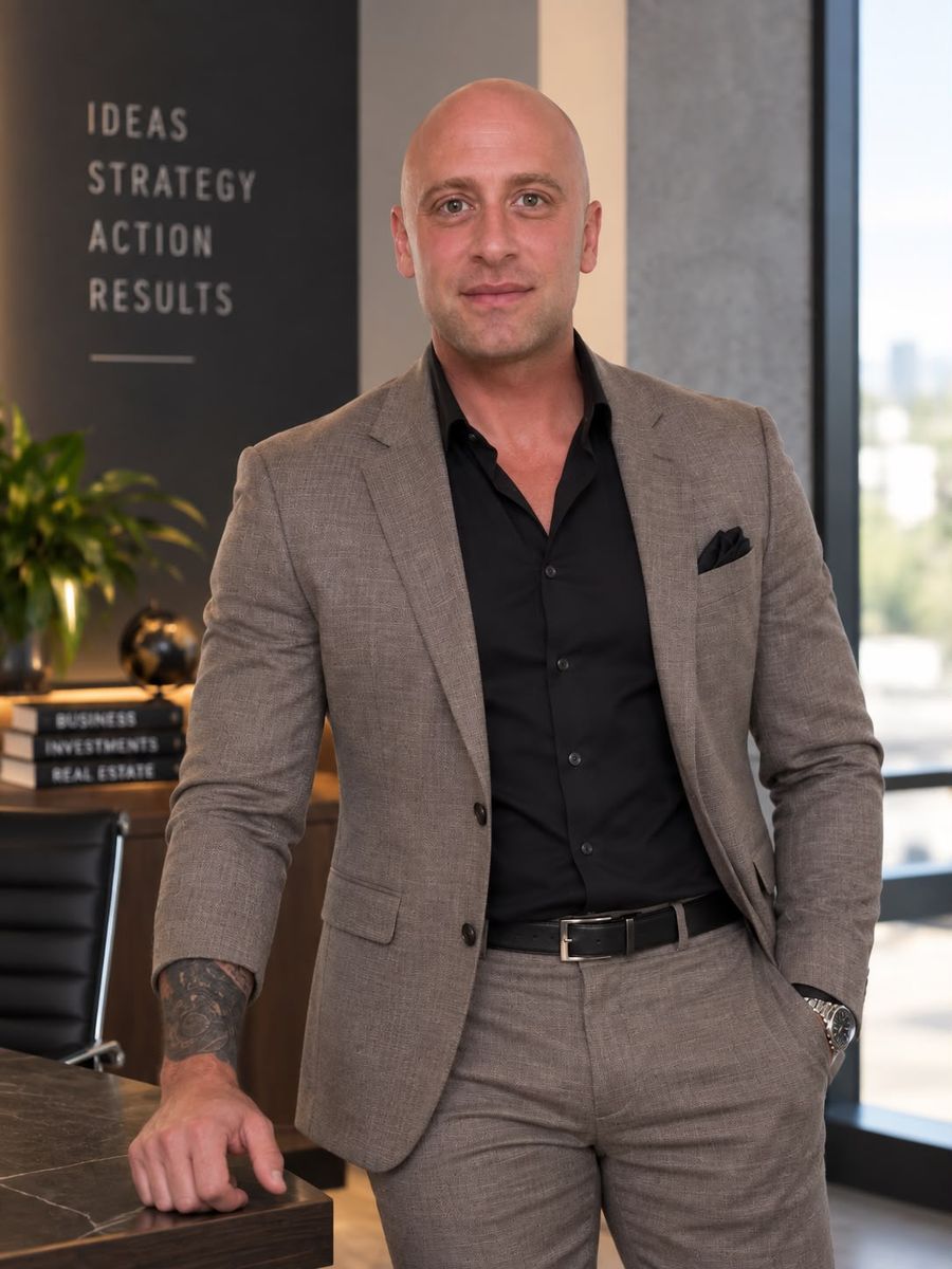 James Antaki in a tan suit, leaning on a desk in an office.