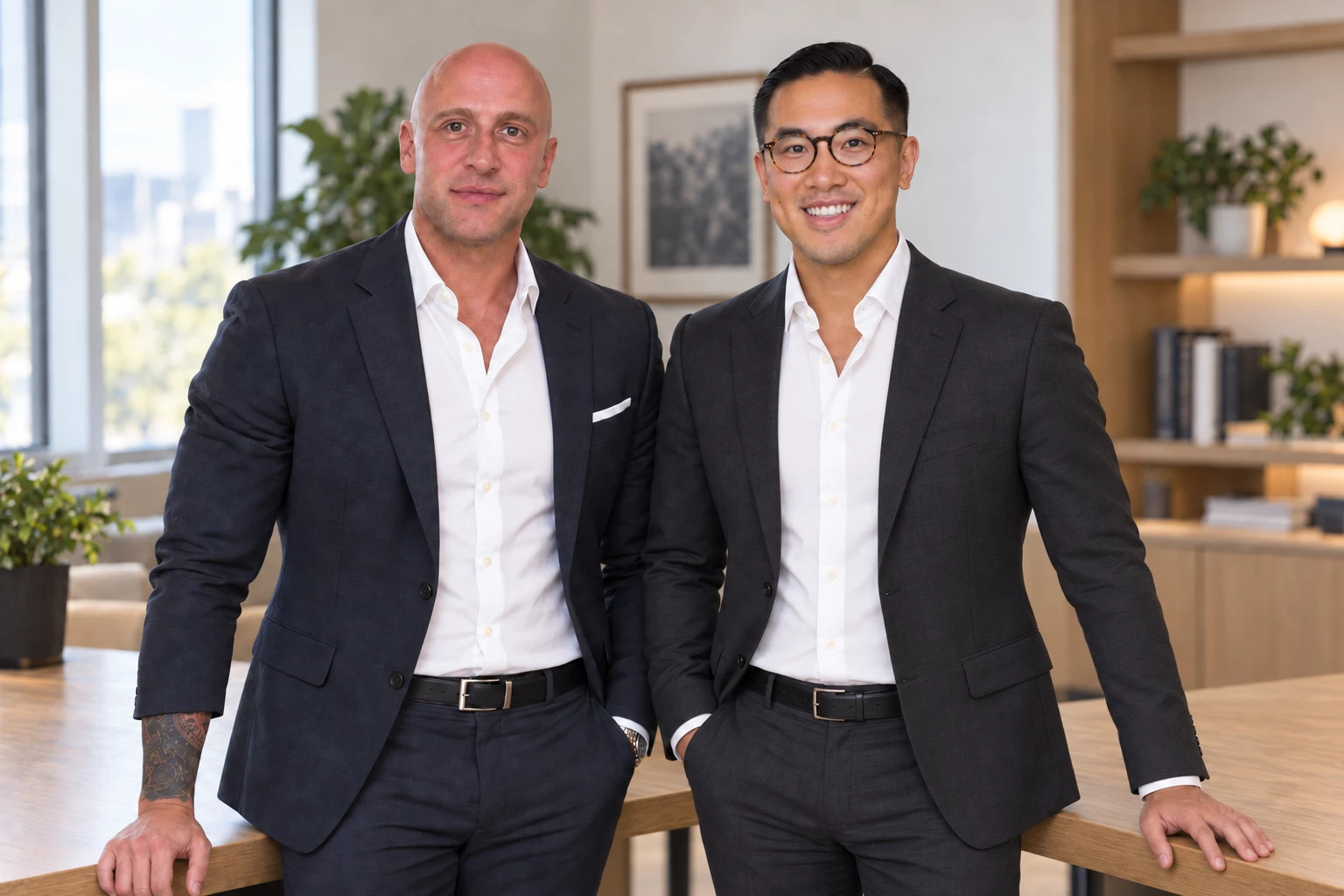 James Antaki and Sean Chi, his web and SEO partner, standing together in an office.