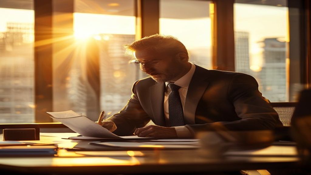 A business owner at a desk reviewing financial statements in warm window light.